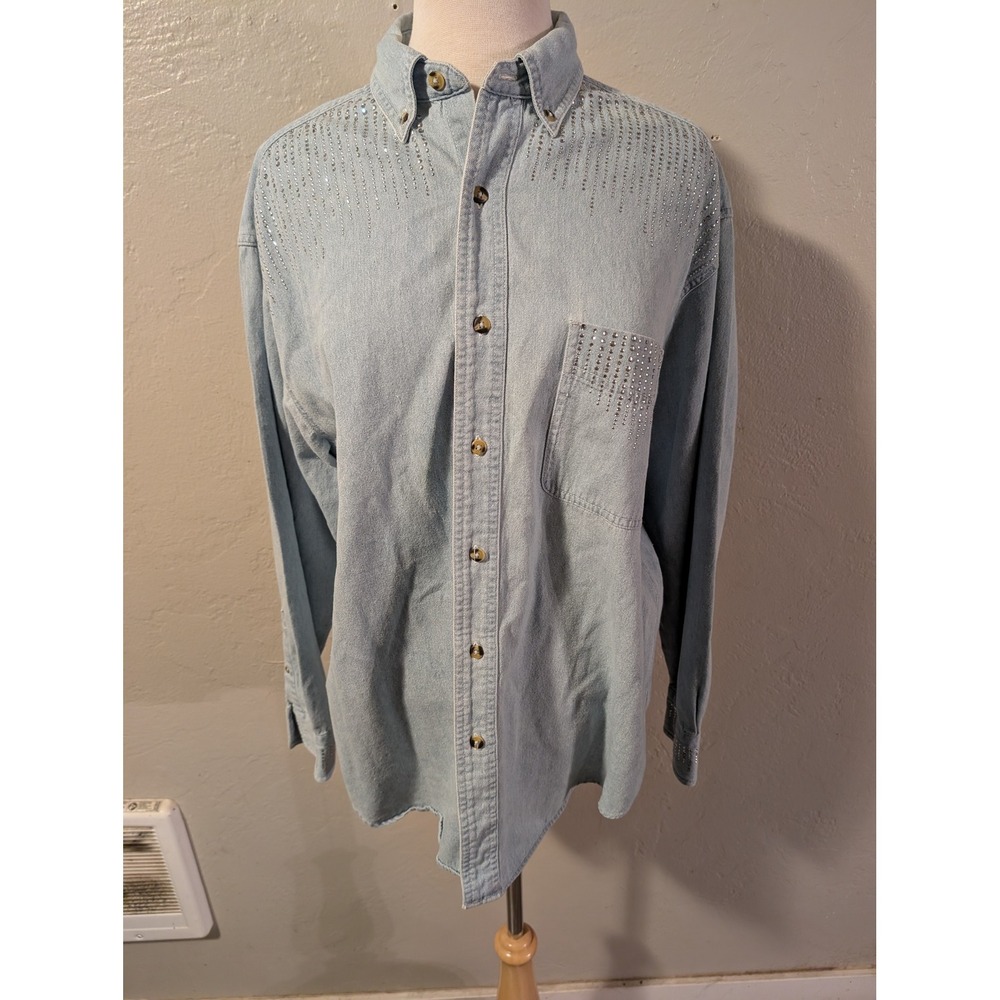 Christine Alexander Womens Western Denim and Rhinestone button down top sz M